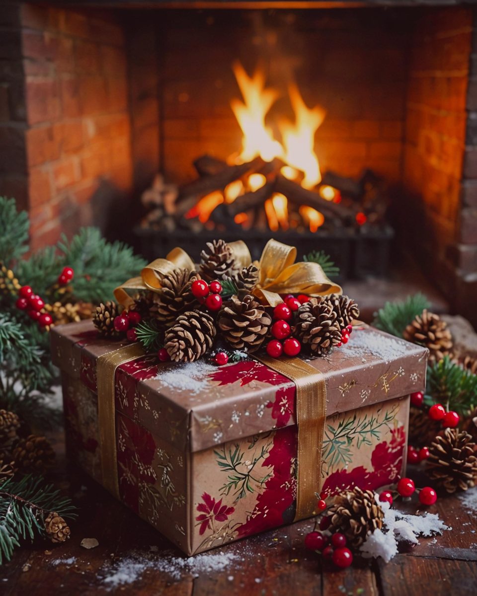 Cadeau de Noël sous le sapin, ambiance chaleureuse avec un feu de cheminée en fond
